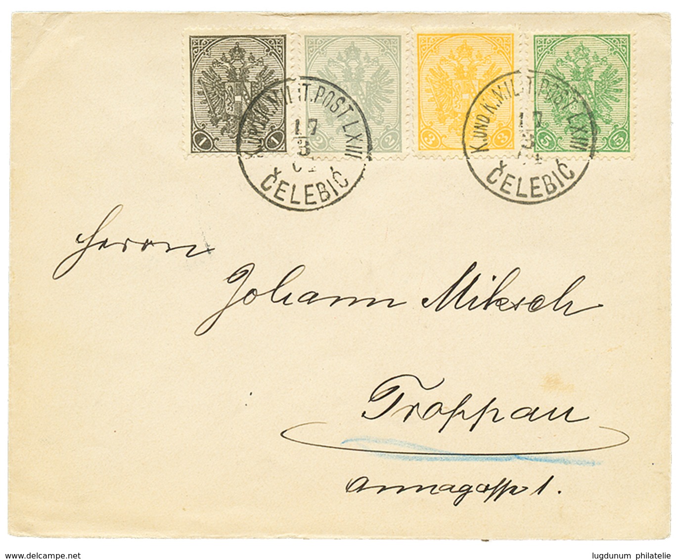 460 BOSNIA : 1904 1k+ 2k+ 3k+ 5k Canc. K.U.K MILIT. POST LXIII CELEBIC On Cover To TRAPPAU. Superb. - Bosnia And Herzegovina