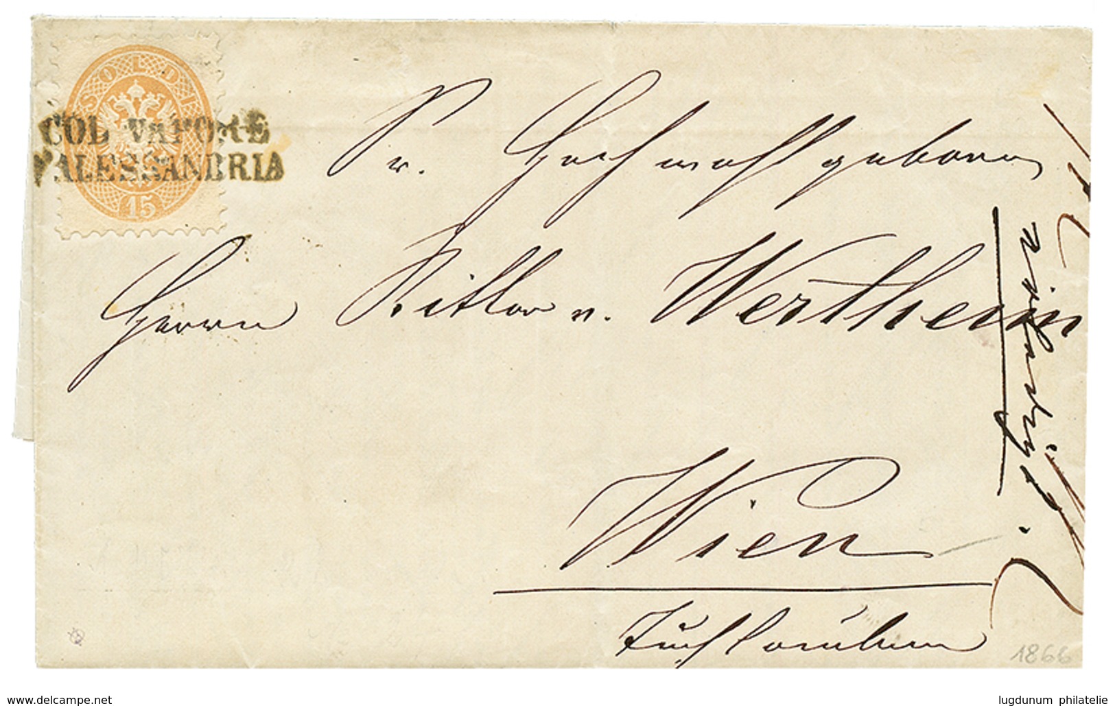 464 1866 LOMBARD. VENETIA 15 SOLDI Canc. COL. VAPORE D'ALEXANDRIA Non Entire Letter To WIEN. Ex. CAPELLARO. Superb. - Levante-Marken