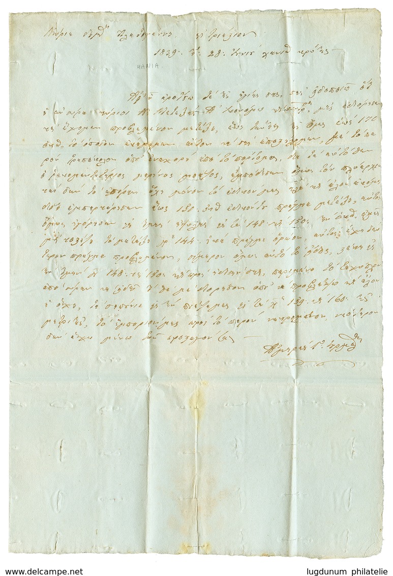 465 "CANEA" : 1839 "CANEA" Manuscript + LETa.ARRta. PER MARE On DISINFECTED Entire Letter Datelined "HANIA" To TRIESTE.  - Levante-Marken