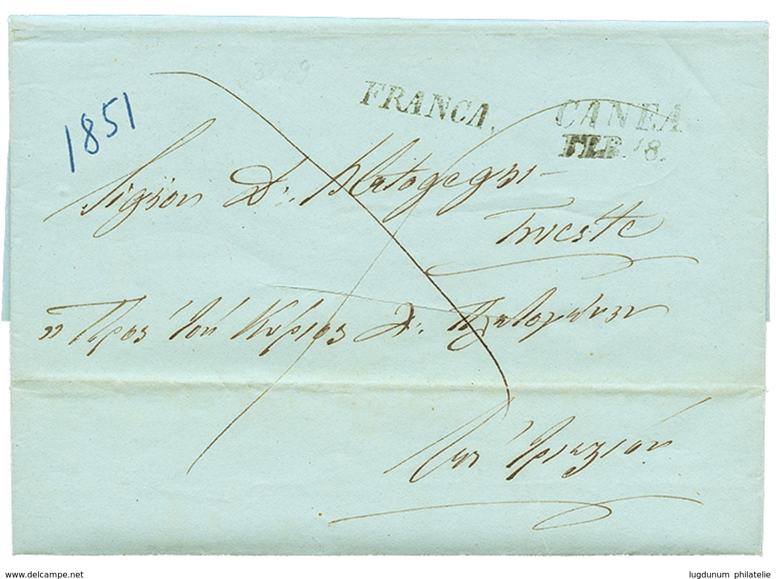 466 "CANEA" : 1851 CANEA/FEB.8 + FRANCA On DISINFECTED Entire Letter To TRIESTE. Vvf. - Eastern Austria
