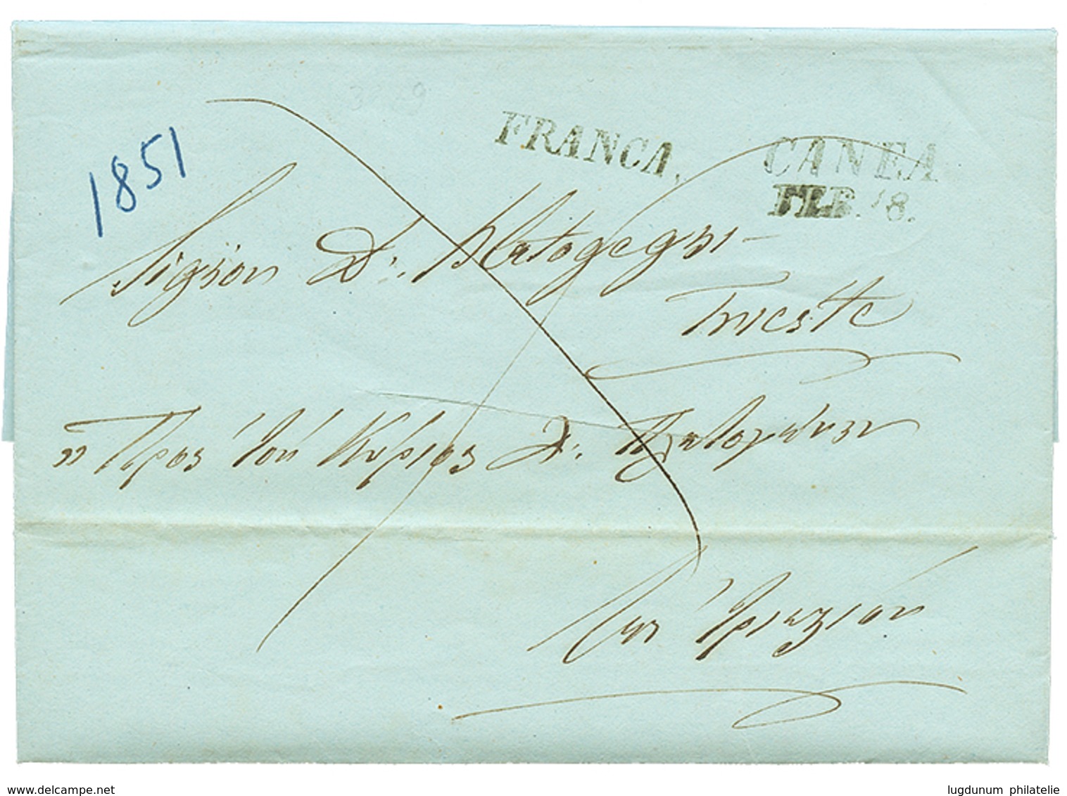 466 "CANEA" : 1851 CANEA/FEB.8 + FRANCA On DISINFECTED Entire Letter To TRIESTE. Vvf. - Levante-Marken