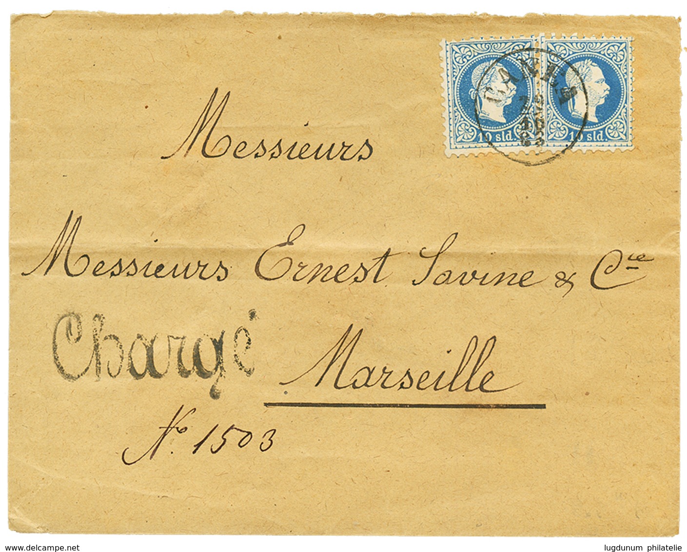 470 "CANEA + CHARGE" : 1883 10s(x2) Canc. CANEA + CHARGE (local Type) On Envelope To FRANCE. Vf. - Levante-Marken