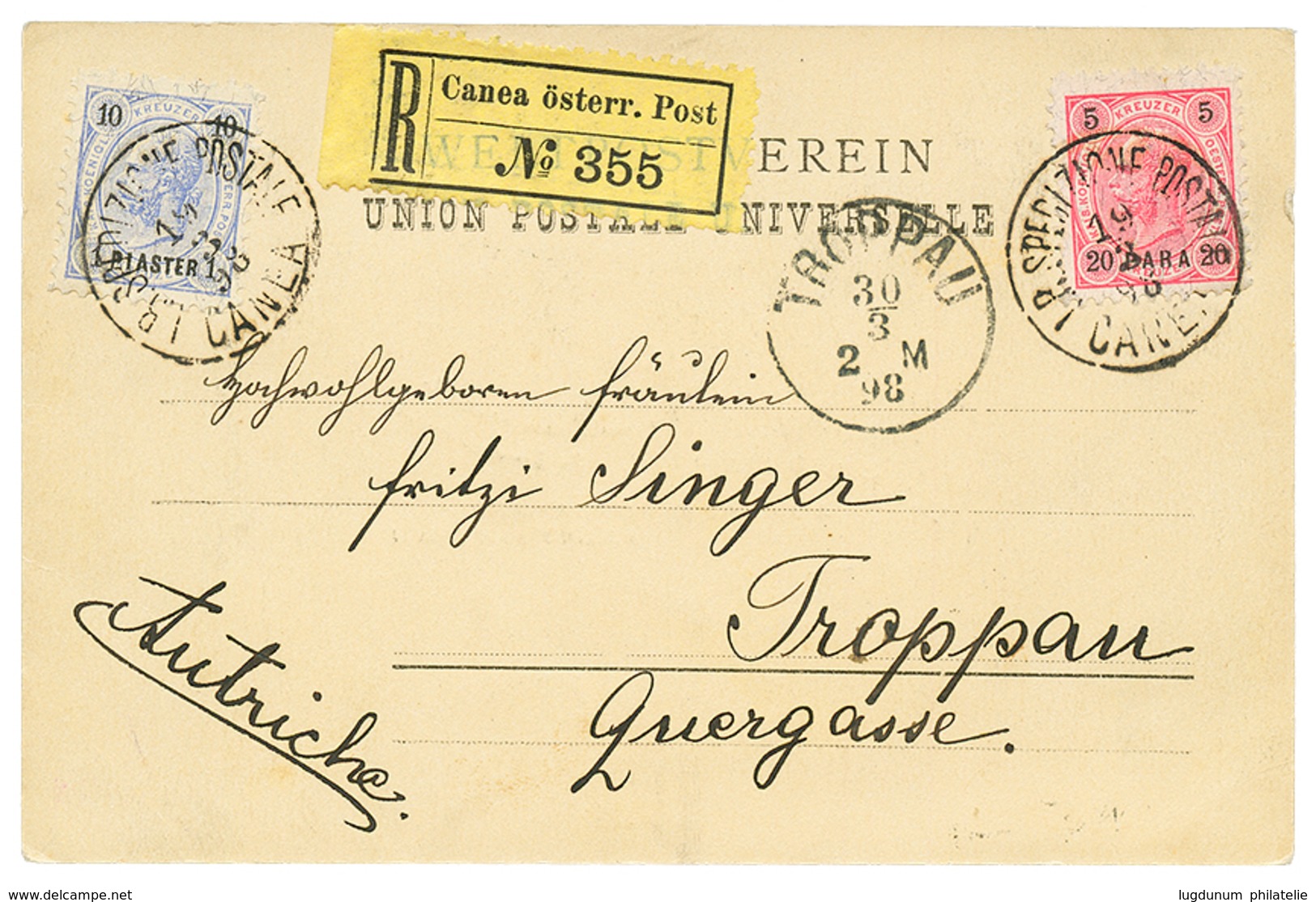 471 1898 20p + 1P Canc. I.R SPEDIZIONE POSTALE CANEA On REGISTERED CARD To TROPPAU. Scarce. Vvf. - Levante-Marken