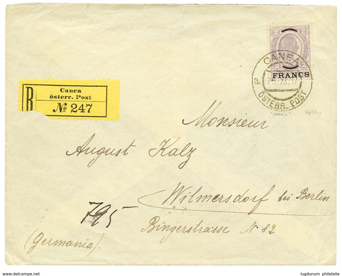 473 "CANEA " : 1907 2 FRANCS Violet Canc. CANEA On REGISTERED Envelope To GERMANY. Superb. - Levante-Marken