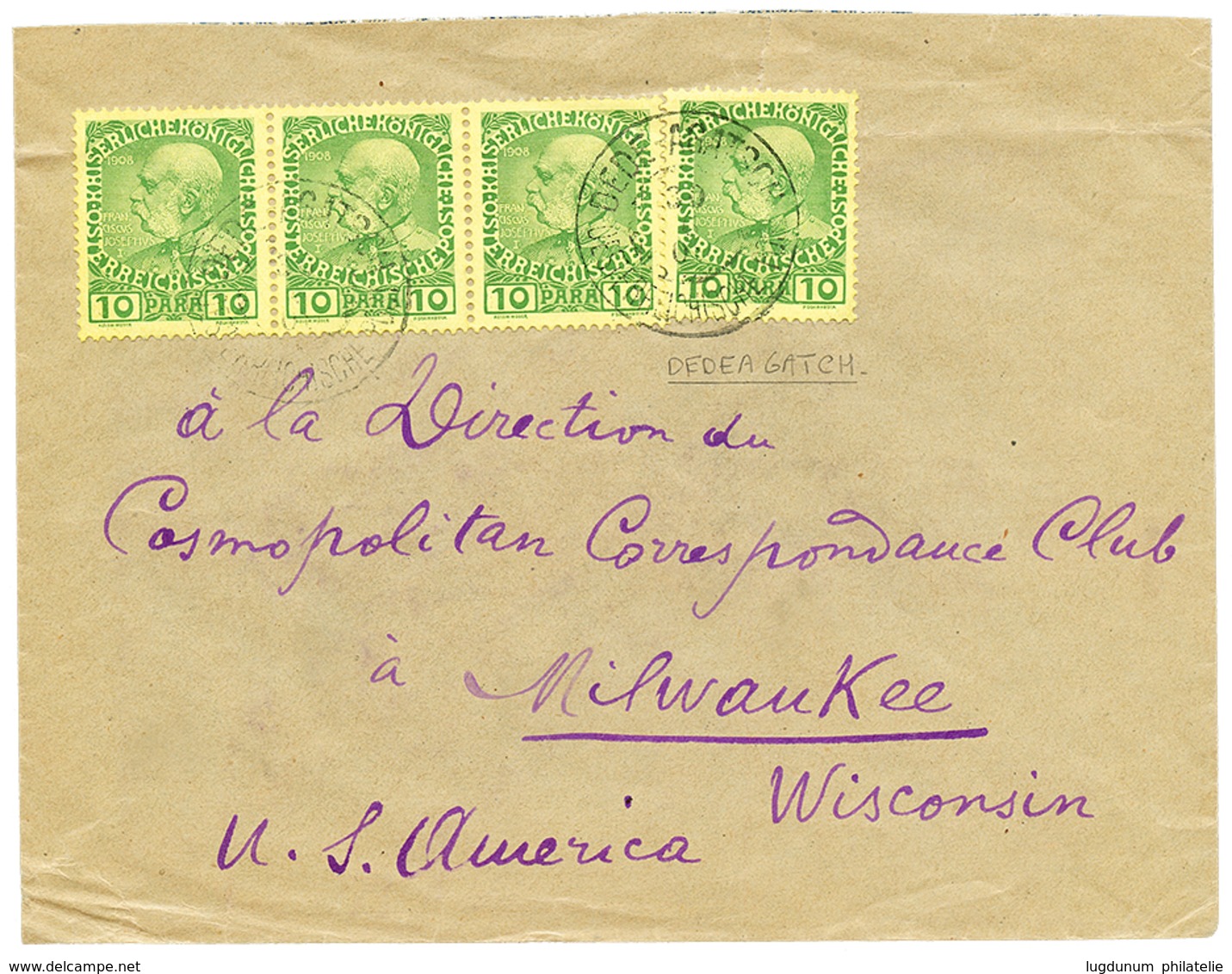 478 "DEDEAGATCH" : 10 Para (x4) Canc. DEDEAGATCH On Envelope To MILWAUKE (USA). Rare POST OFFICE. Vf. - Levante-Marken