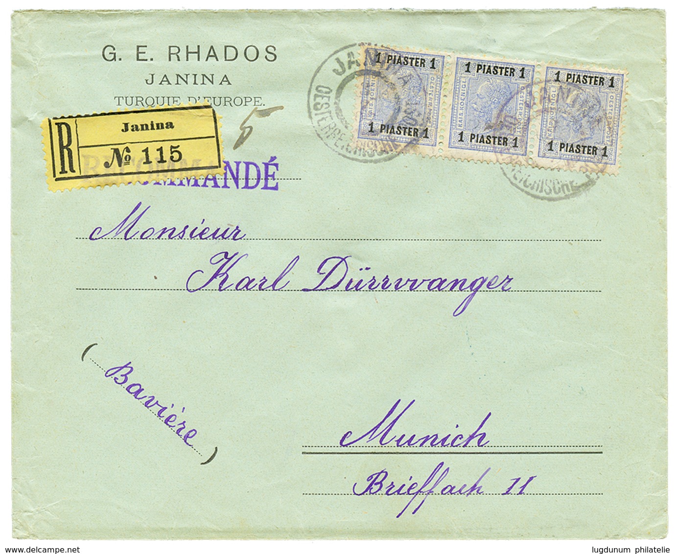 482 "JANINA" : 1907 1P Strip Of 3 Canc. JANINA On REGISTERED Envelope To BAVARIA. Vvf. - Levante-Marken