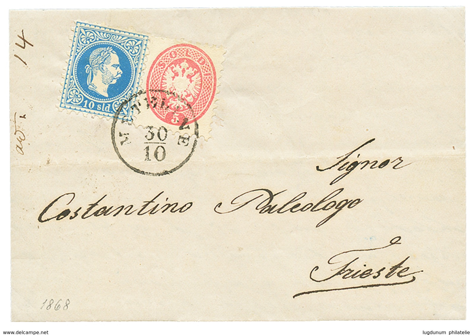 483 "METELINE" : 1868 5s + 10s Canc. METELINE On Entire Letter To TRIESTE. Rare Mixed Issue Franking. Vvf. - Levante-Marken