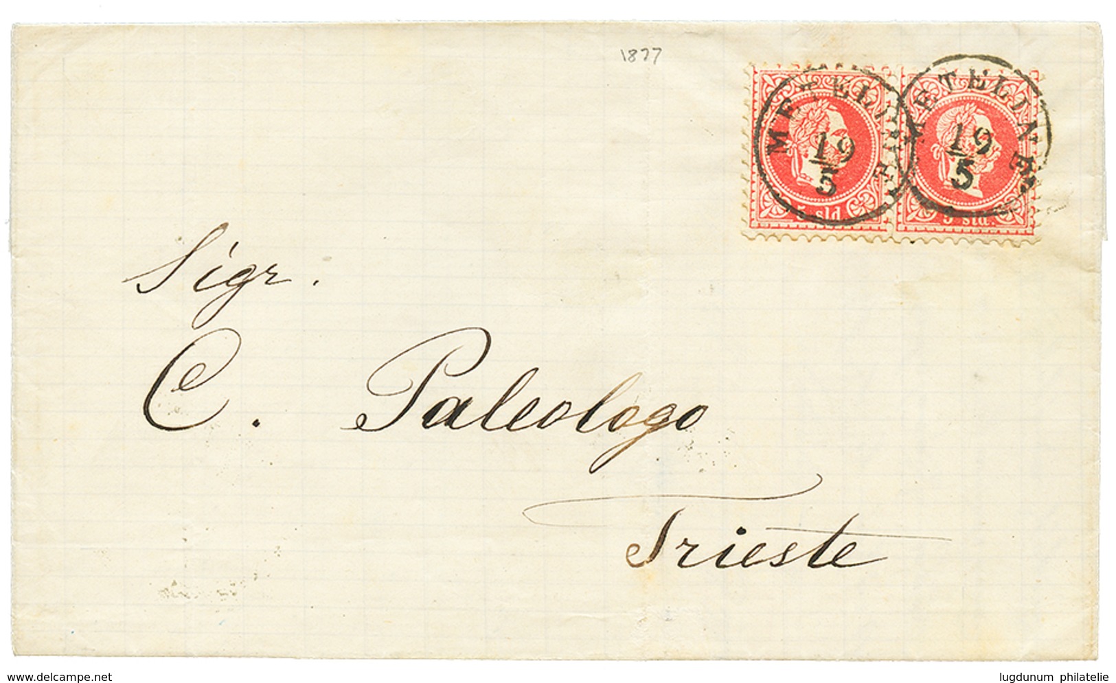 484 "METELINE" : 1877 Pair 5 SOLDI Canc. METELINE On Entire Letter To TRIESTE. Superb Quality. - Eastern Austria