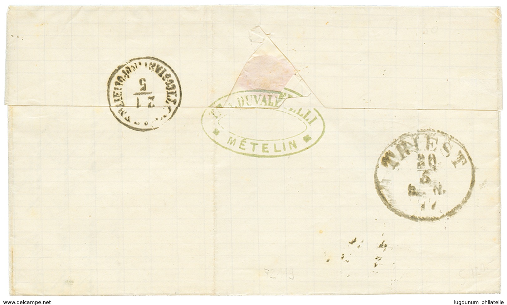 484 "METELINE" : 1877 Pair 5 SOLDI Canc. METELINE On Entire Letter To TRIESTE. Superb Quality. - Eastern Austria