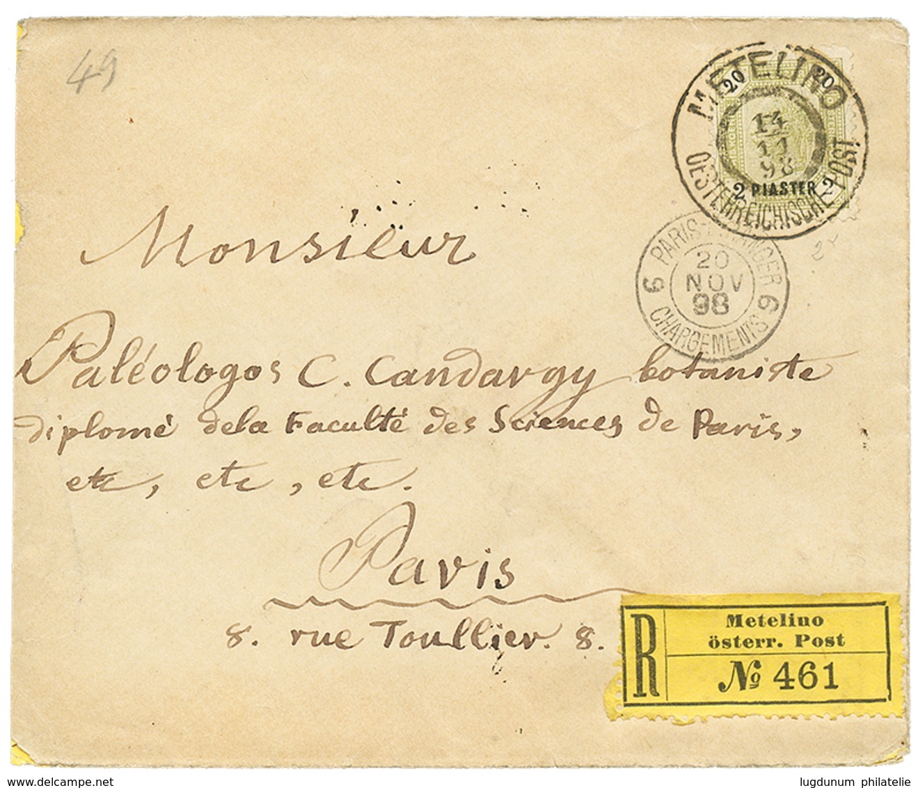 485 "METELINE" : 1898 2P Canc. METELINO On REGISTERED Envelope To FRANCE. Vf. - Eastern Austria