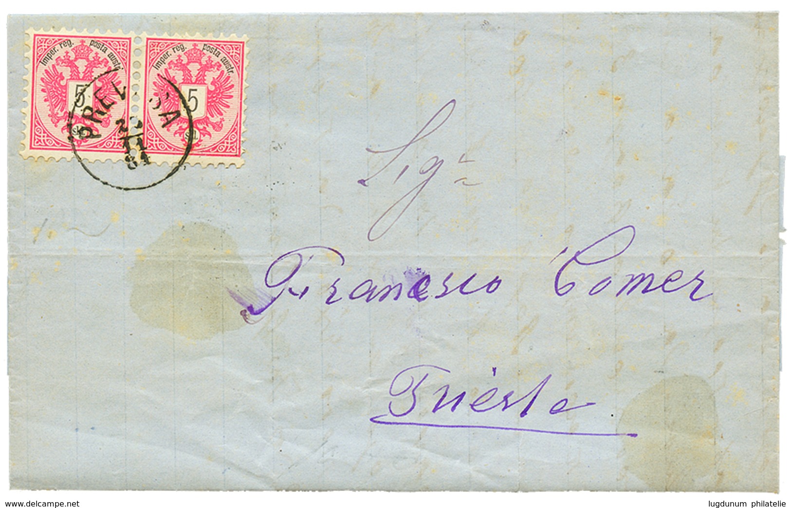 487 "PREVESA" : 1884 Pair 5 Soldi Canc. PREVESA On Entire Letter To TRIESTE. Vf. - Levante-Marken