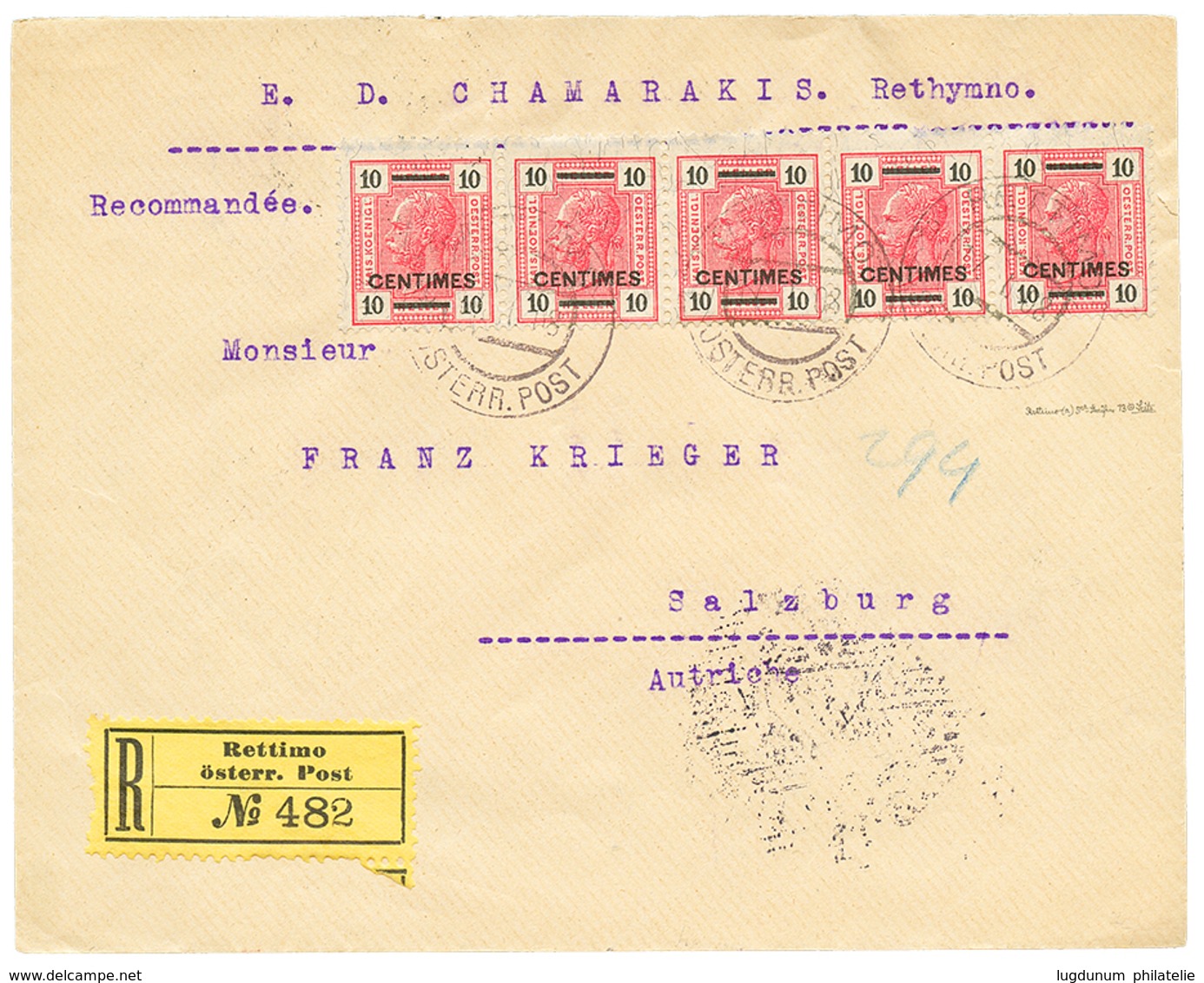 488 "RETTIMO" : 1908 10c Strip Of 5 Canc. RETTIMO On REGISTERED Envelope To SALZBURG. Vvf. - Oriente Austriaco
