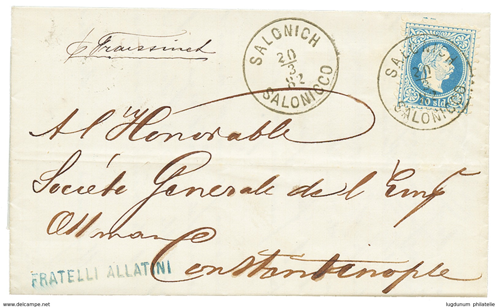 494 1882 10s Canc. SALONICH SALONICCO (scarce Type) On Entire Letter To CONSTANTINOPLE. Superb. - Levante-Marken