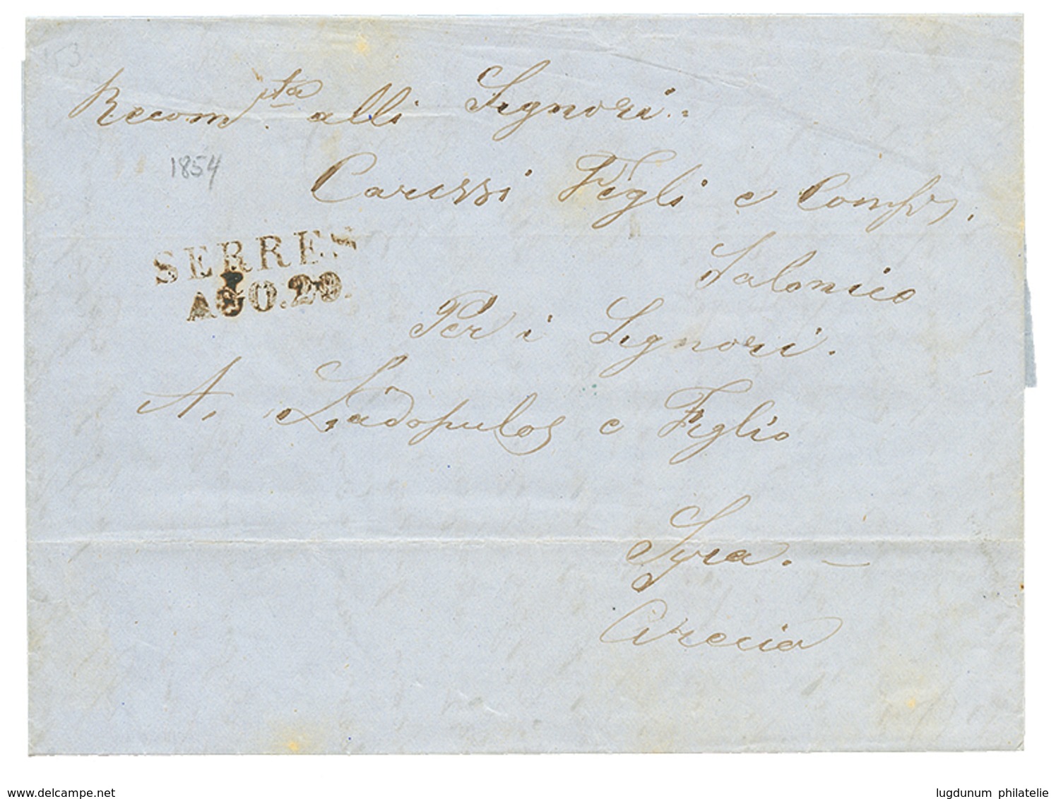 503 "SERRES" : 1854 SERRES/AGO.20 On Entire Letter To SYRA. Verso, Superb Cachet SALONICH/30.AOUT. Vvf. - Levante-Marken