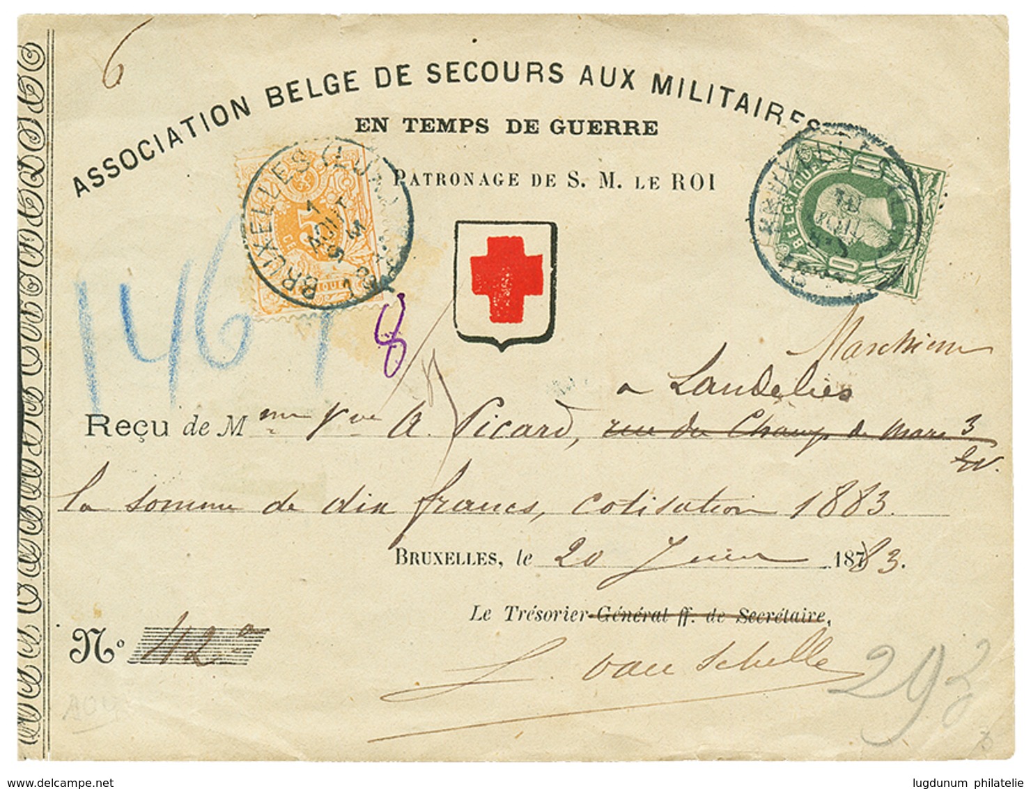 507 RED CROSS : 1883 BELGIUM 5c + 10c Canc. BRUXELLES On Superb Illustrated RED-CROSS "recu" To MARCHIENNE-AU-PONT (arri - Sonstige & Ohne Zuordnung