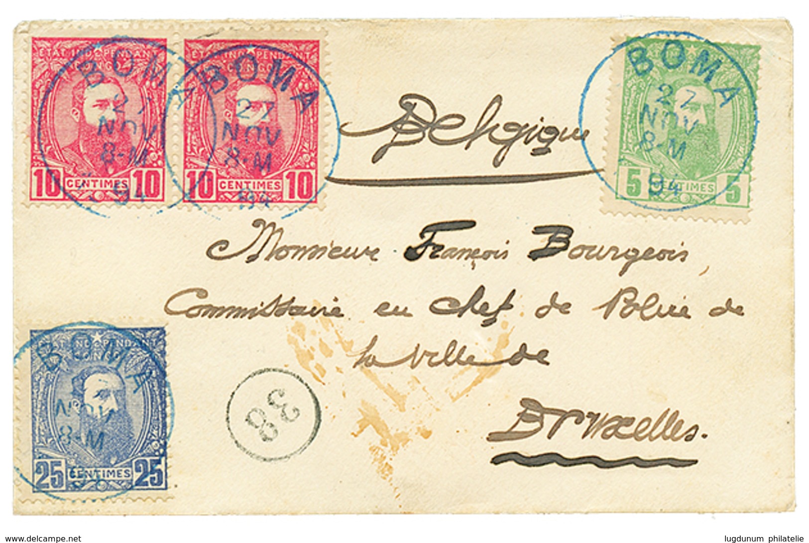 508 BELGIAN CONGO : 1894 5c + 10c(x2) + 25c Canc. BOMA On Envelope To BELGIUM. RARE. Superb. - Sonstige & Ohne Zuordnung