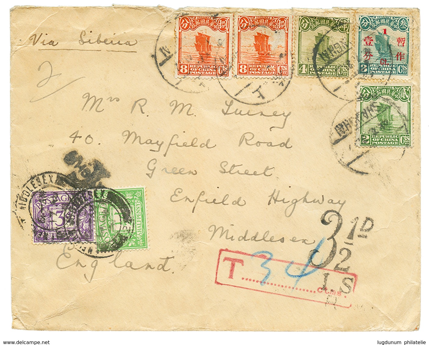 524 CHINA : Superb Franking On Envelope To ENGLAND Taxed On Arrival With POSTAGE DUE 1/2d+ 3d. Vf. - Otros & Sin Clasificación