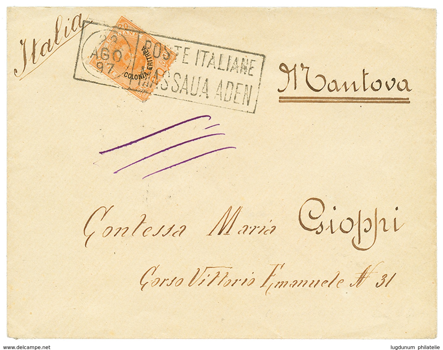 541 ETHIOPIA - ERITREA : 1897 20c Canc. POSTE ITALIANE MASSAUA ADEN On Envelope To ITALY. RARE. Superb. - Äthiopien