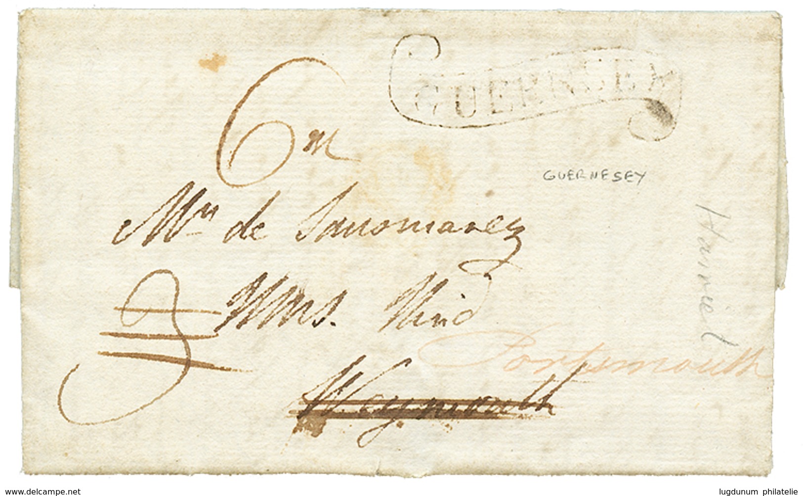 554 1820 Scroll GUERNESEY On Entire Letter From GUERNESEY To "H.M.S HIND" WEYMOUTH. Vf. - Guernesey