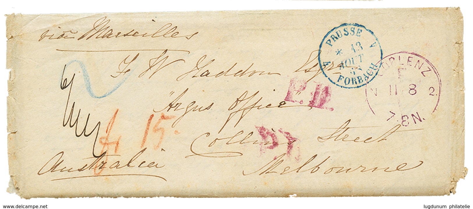 568 1868 COBLENZ/ F. + P.D On Envelope With Text (12 Pages) To MELBOURNE (AUSTRALIA). RARE. Vf. - Otros & Sin Clasificación