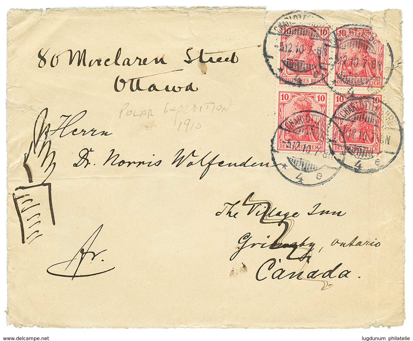 570 "DEUTSCHE SÜDPOLAR EXPEDITION" : 1910 GERMANY 10pf Block Of 4 (1 Copy With Fault) Canc. CHARLOTTENBURG On Envelope W - Otros & Sin Clasificación