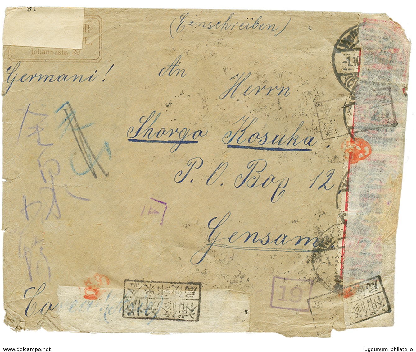 571 GERMANY To KOREA : 1917 REGISTERED Envelope Stamped Front And Reverse To GENSAN KOREA. CENSOR Label MÜNCHEN + Transi - Altri & Non Classificati