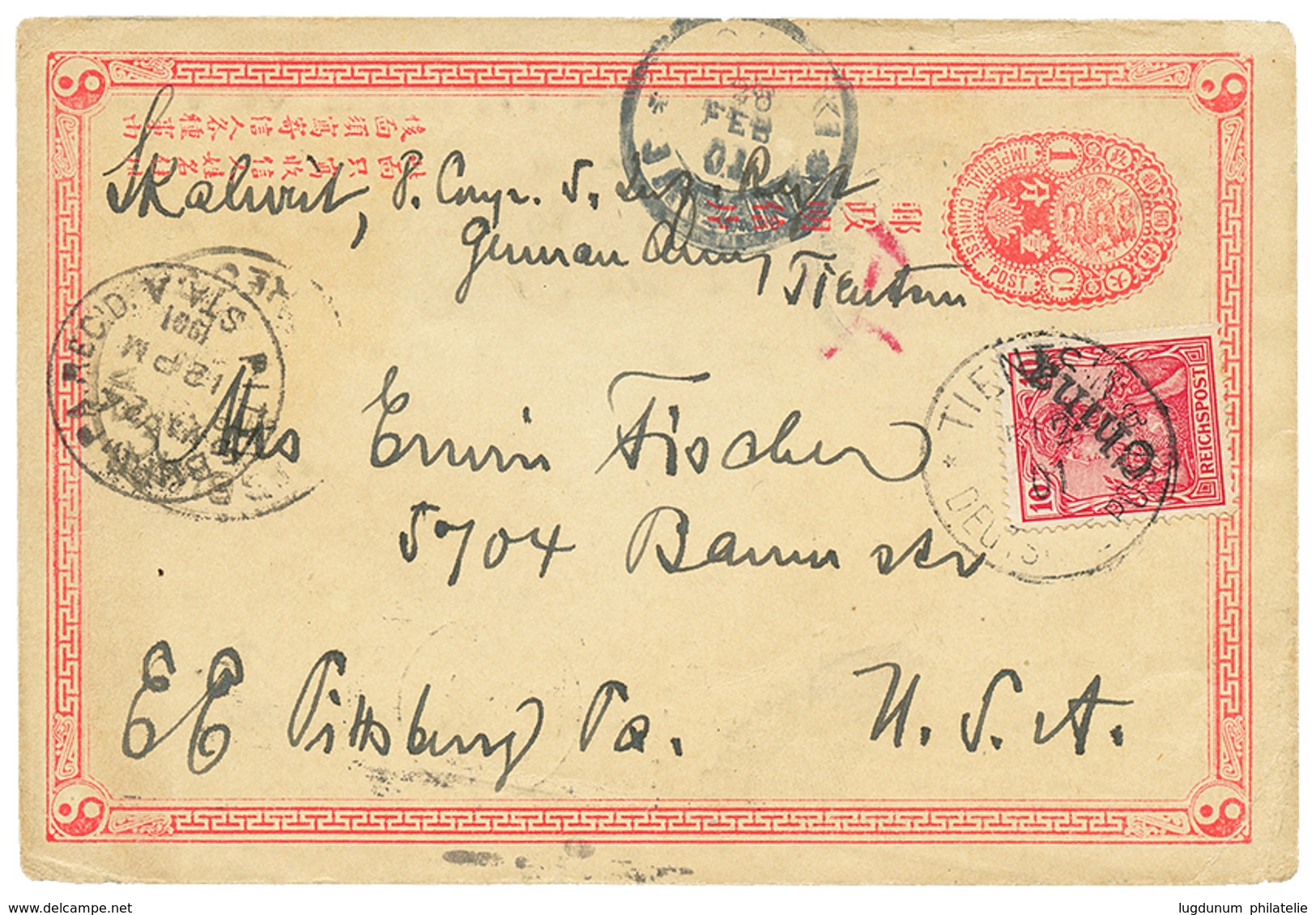 575 1901 10pf(n°10) Canc. TIENTSIN On Chinese POSTAL STATIONERY To PITTSBURG (USA). Very Scarce. Certificates JÄSCHKE-LA - Cina (uffici)