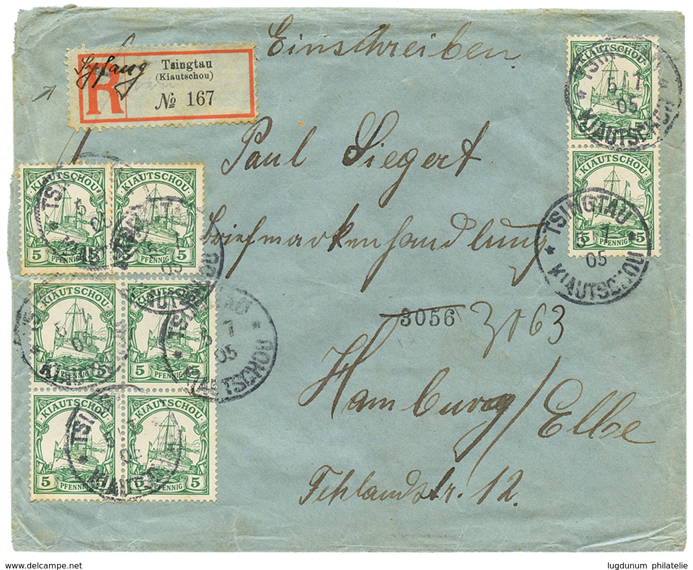 586 "SYFANG" : 1905 KIAUTSCHOU 5pf(x6) Canc. TSINGTAU + REGISTERED Label "SYFANG" On Envelope To HAMBURG. Scarce. Vf. - Kiautschou