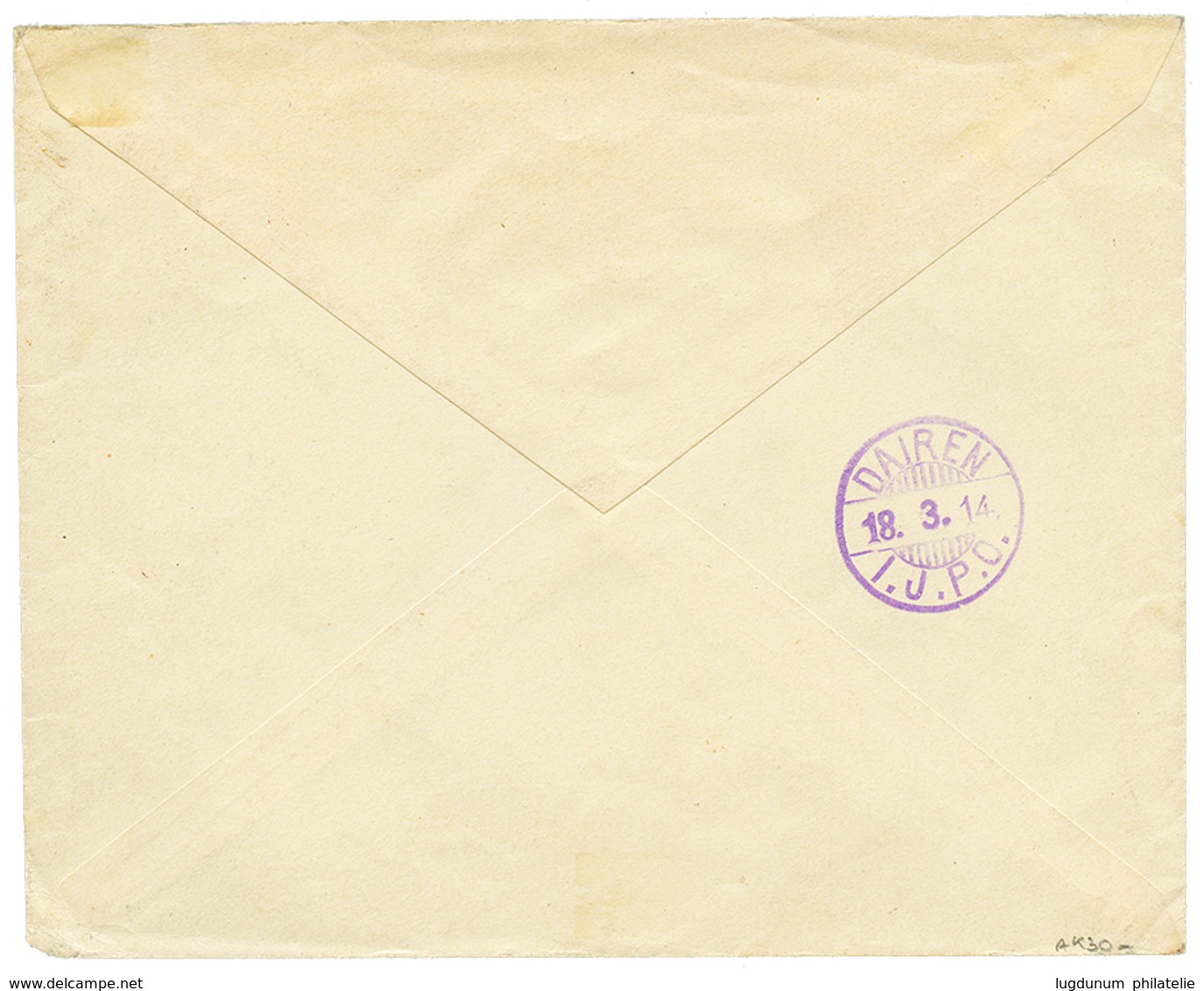 587 KIAUTSCHOU - DAIREN IJPO : 1914 4c Canc. SEEPOST + PAQUEBOT + 30Ctms Tax Marking On Envelope To GERMANY. Verso, DAIR - Kiautchou