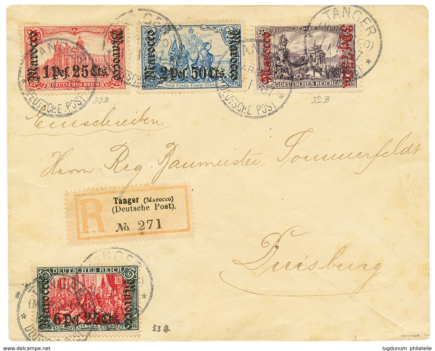 592 1907 N°30B + N°31 + N°32B + N°33 Canc. TANGER On REGISTERED Envelope To DUISBURG. Signed PFENNINGER. Vvf. - Marocco (uffici)