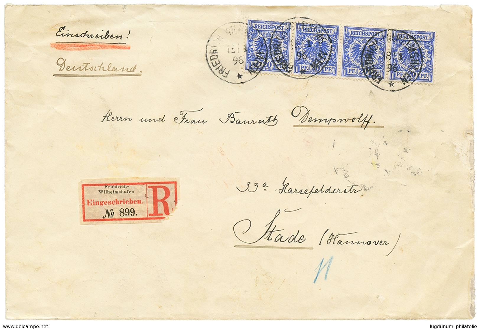 596 NEW GUINEA : 1896 VORLAUFER 20pf(v48) Strip Of 4 Canc. FRIEDRICH-WILHELMSHAFEN On REGISTERED Envelope To GERMANY. Vv - Nuova Guinea Tedesca