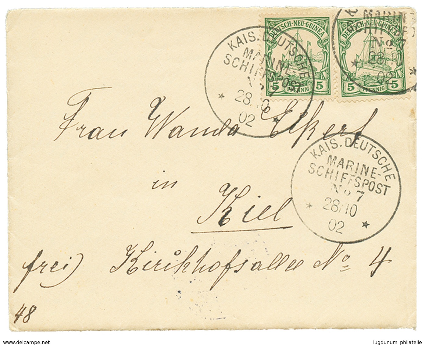 599 GERMAN NEW GUINEA - S.M.S MÖWE" 1902 5pf(x2) Canc. KD MARINE SCHIFFSPOST N°7 On Envelope With Full Text Datelined "M - Nuova Guinea Tedesca