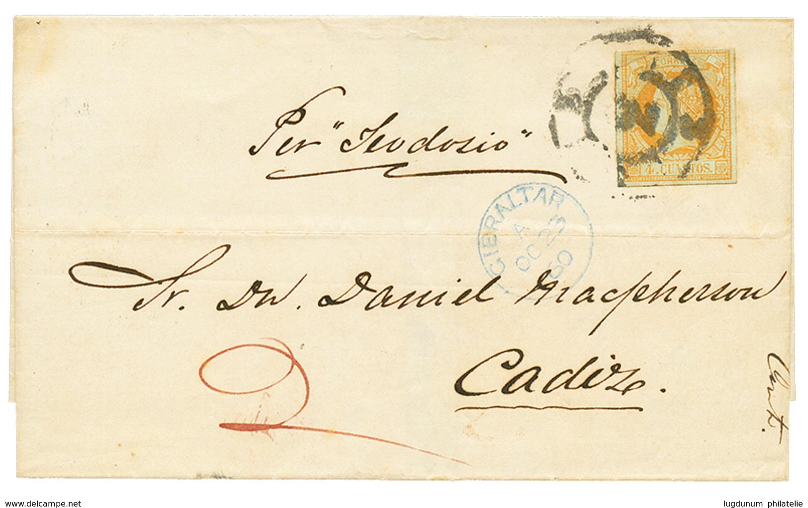 607 1860 SPAIN 4c Canc. 3 + British Cds GIBRALTAR + "2" Tax Marking On Cover From GIBRALTAR To CADIZ. Vvf. - Gibraltar