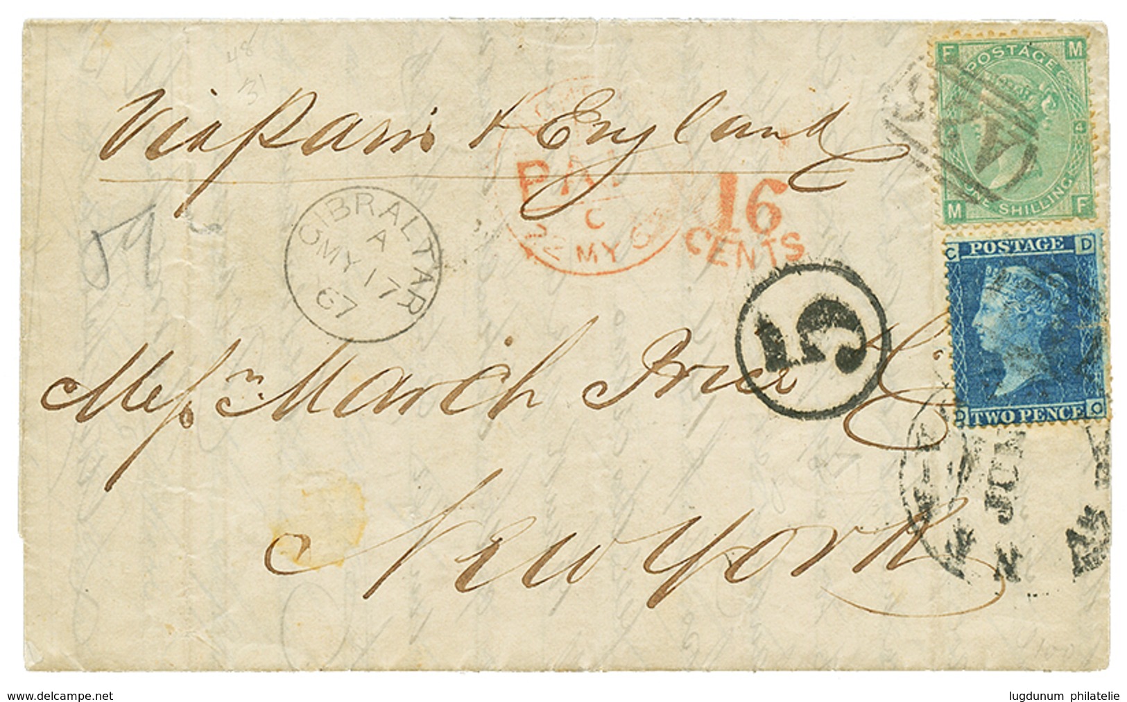 609 1867 GB 2d + 1 SHILLING Canc. A25 + GIBRALTAR On Entire Letter To NEW-YORK (USA). Vvf. - Gibilterra