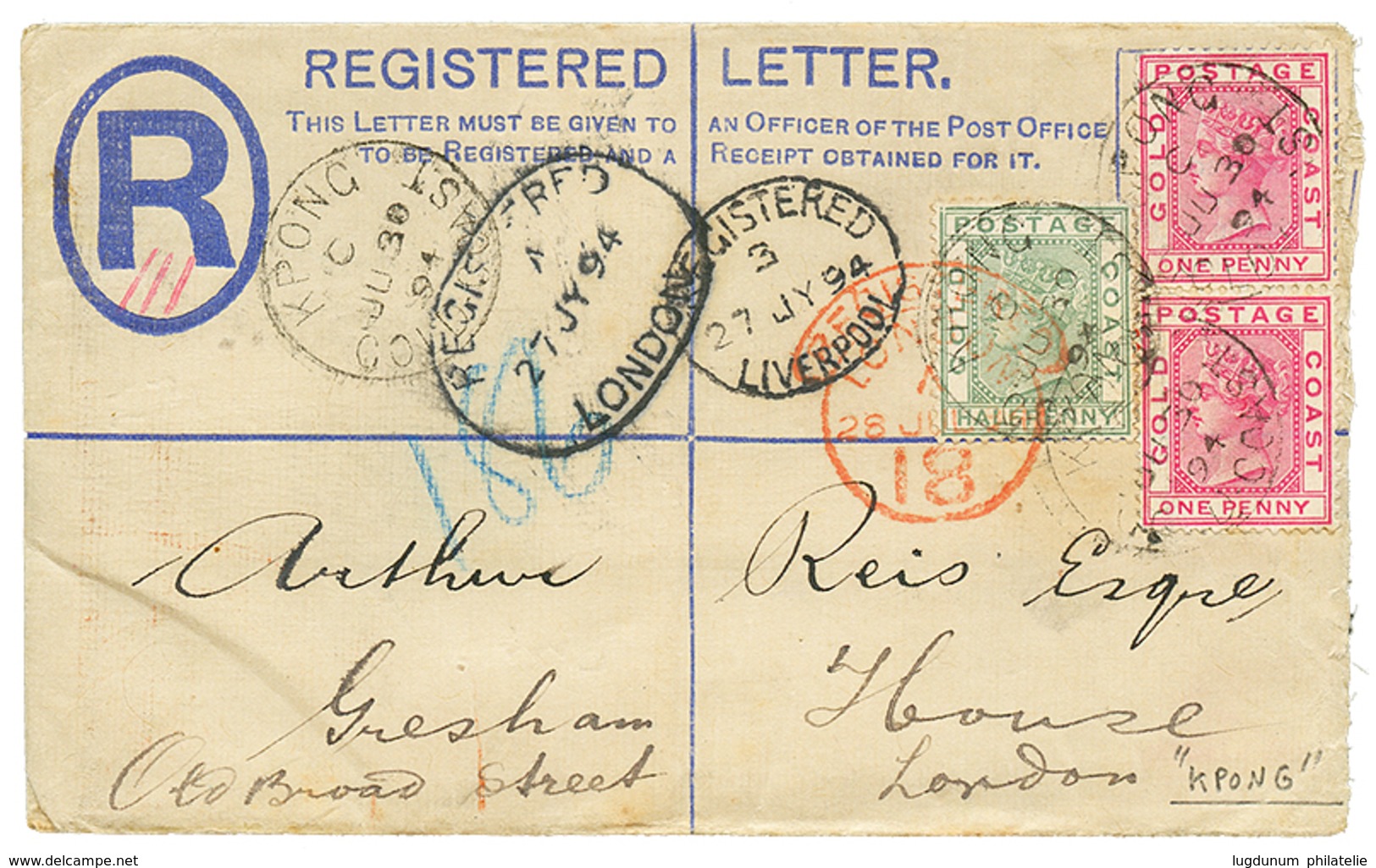 621 GOLD COAST -KPONG : 1894 1/2d+ 1d(x2) Canc. KPONG On REGISTERED LETTER(2d) To LONDON. Vvf. - Costa D'Oro (...-1957)