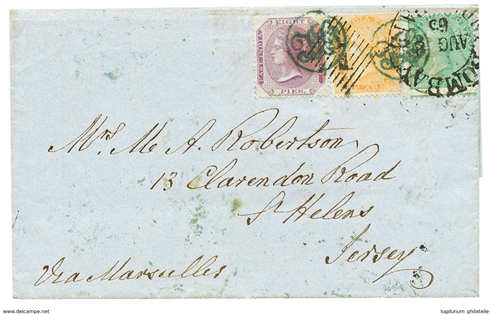 643 "INDIA To JERSEY" : 1865 8p+ 2a+ 4a On Entire Letter From BOMBAY To ST HELENS (JERSEY). Vvf. - Altri & Non Classificati