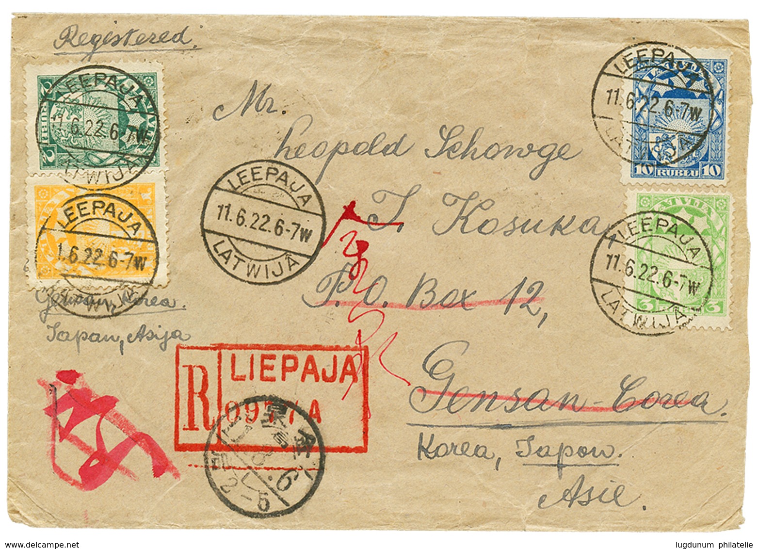 676 "LATVIA To KOREA" : 1922 Very Rare REGISTERED Envelope From LIEPAJA Franked Front + Reverse To GENSAN KOREA. Vvf. - Korea (...-1945)