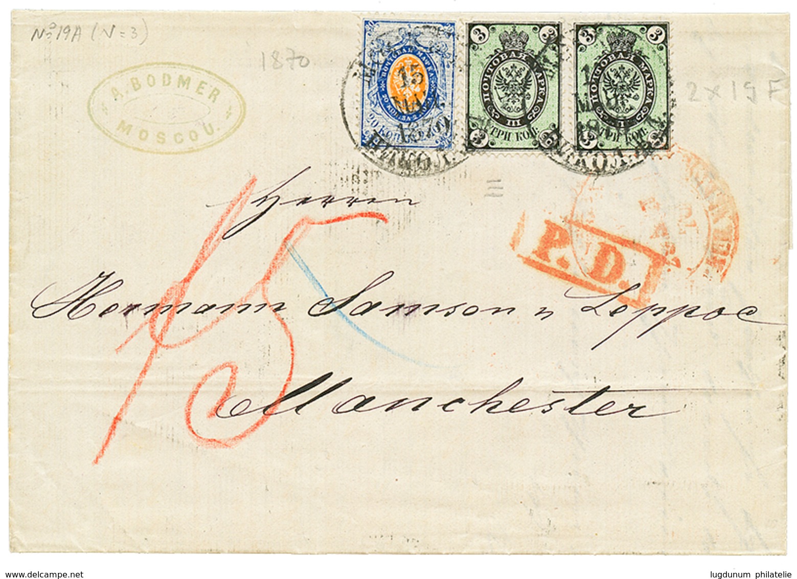 721 RUSSIA : 1870 3k "background V" N°19A(x2) + 20k Canc. MOSCOU On Entire Letter To ENGLAND. Vvf. - Altri & Non Classificati