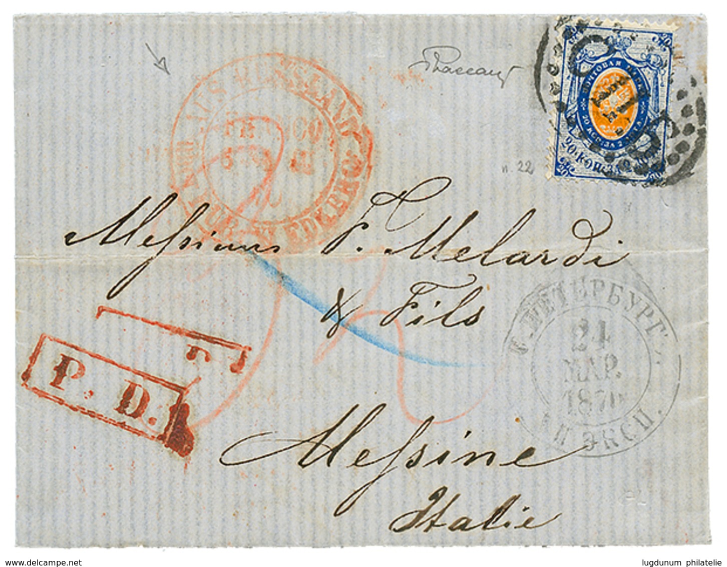 722 RUSSIA : 1870 20k Canc. On Entire Letter From ST PETERSBURG To MESSINE (SICILY). Vvf. - Sonstige & Ohne Zuordnung