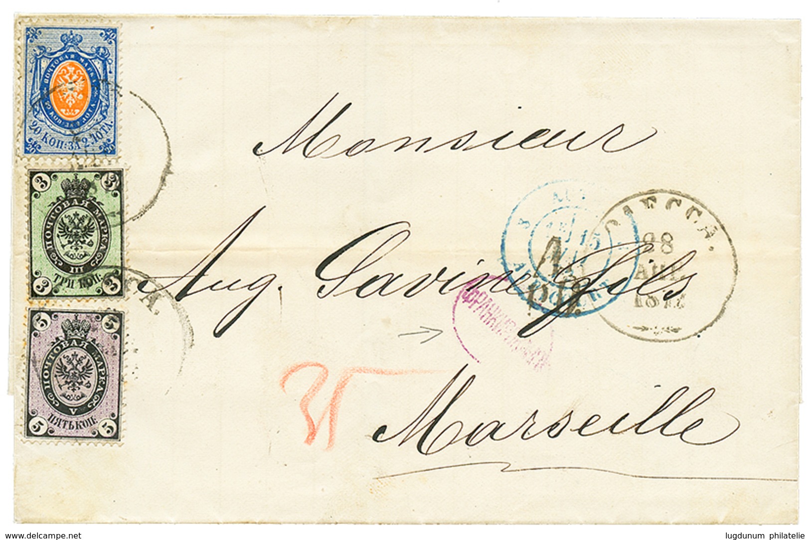 723 RUSSIA : 1872 3k(n°19A) "BACKGROUND V" + 5k + 20k Canc. ODESSA On Cover To FRANCE. Vf. - Other & Unclassified