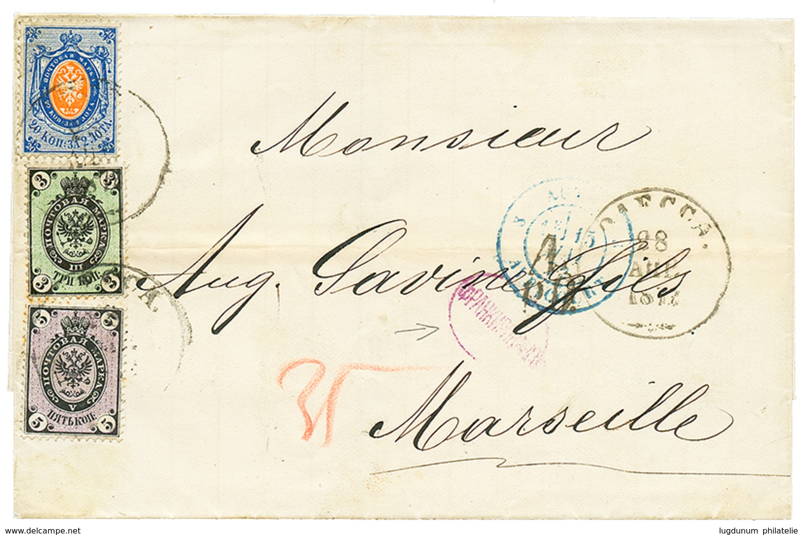 723 RUSSIA : 1872 3k(n°19A) "BACKGROUND V" + 5k + 20k Canc. ODESSA On Cover To FRANCE. Vf. - Sonstige & Ohne Zuordnung