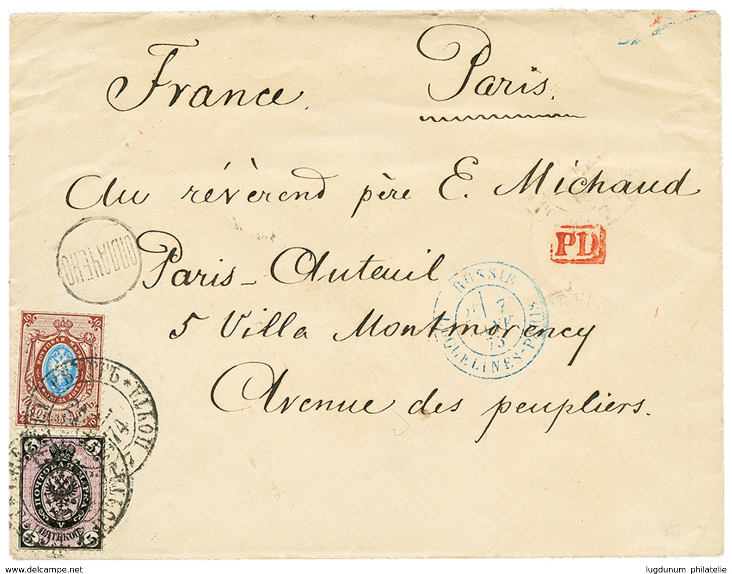 727 RUSSIA : 1875 5k + 10k + RUSSIE ERQUELINES-PARIS In Blue On Envelope To FRANCE. Vf. - Other & Unclassified