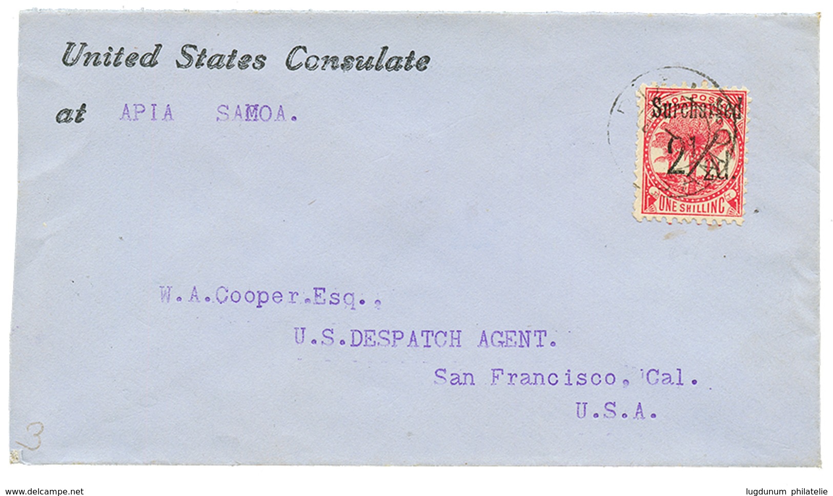 733 SAMOA : 1898 2 1/2d On ONE SHILLING Canc. APIA On Envelope (US CONSULATE) To SAN FRANCISCO(USA). Vf. - Samoa