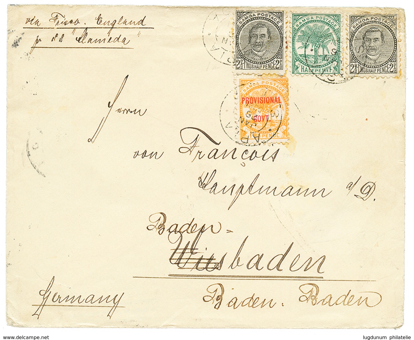 735 SAMOA : 1900 Mixt PALM 1/2d + 2 1/2d (x2)+ PROVISIONAL 2d Canc. APIA On Envelope To GERMANY. Vf. - Samoa