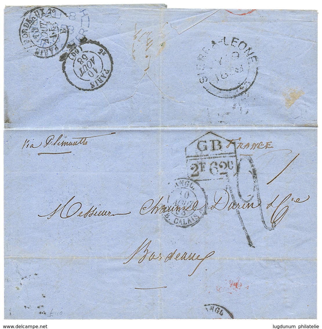 741 SIERRA-LEONE :1863 Extremely Rare Exchange Marking GB/2F62c On Entire Letter From SIERRA-LEONE To FRANCE. First Lett - Sierra Leone (...-1960)