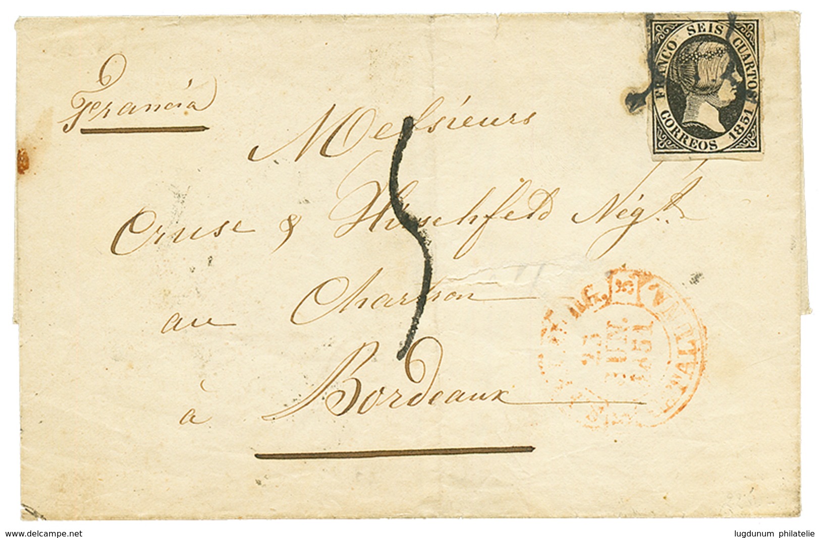 744 SPAIN : 1851 4c Black With 4 Margins + French "5" Tax Marking Ob Cover From ST FELIX To BORDEAUX (FRANCE). This Stam - Other & Unclassified