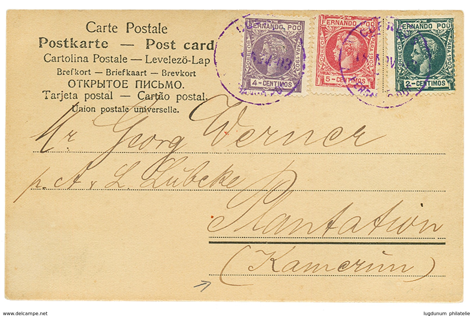 745 FERNANDO-POO : 1903 2c + 4C+ 5c Canc. CORREOS FERNANDO-POO On Card To PLANTATION (GERMAN CAMEROONS). Vf. - Fernando Po