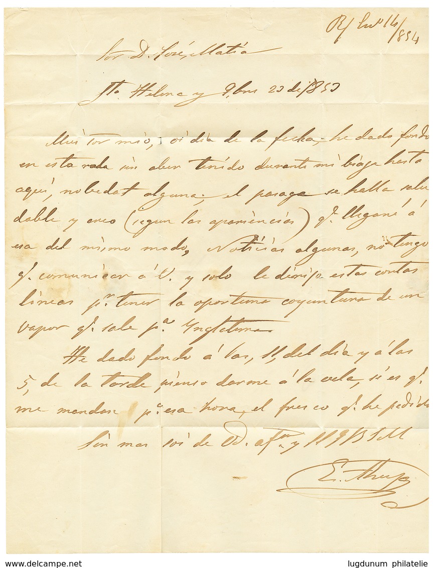 746 "ST HELENA To SPAIN" : 1854 P.F Red + LIMEHOUSE Blue + Tax Marking On Entire Letter From "STE HELENE" To CADIZ (SPAI - St. Helena