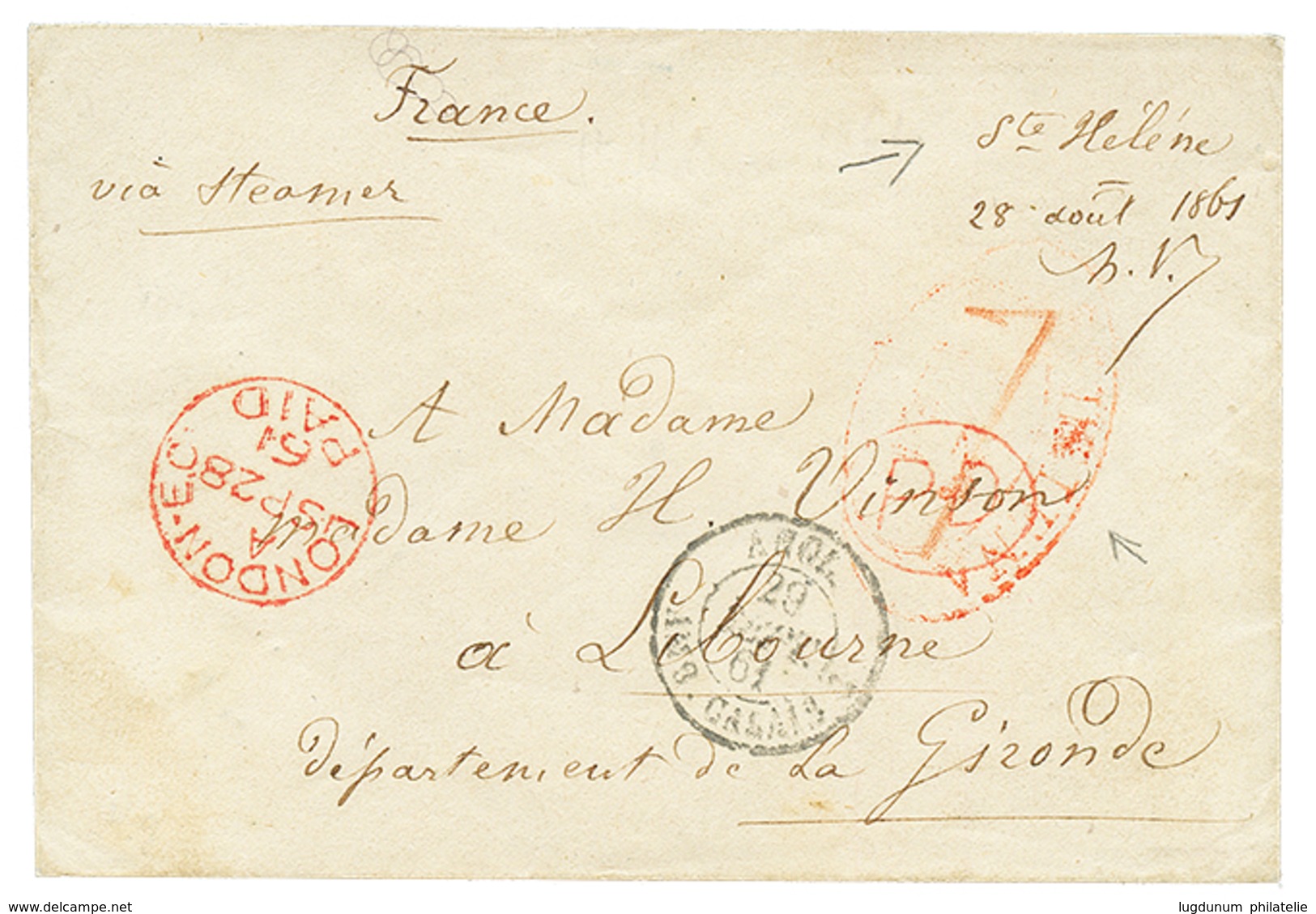 747 "STE HELENA" : 1861 Red Cachet ST HELENA (rare At This Date) + PD + Manuscript Mark "STE HELENE 28 Aout 1861 + Signa - Saint Helena Island