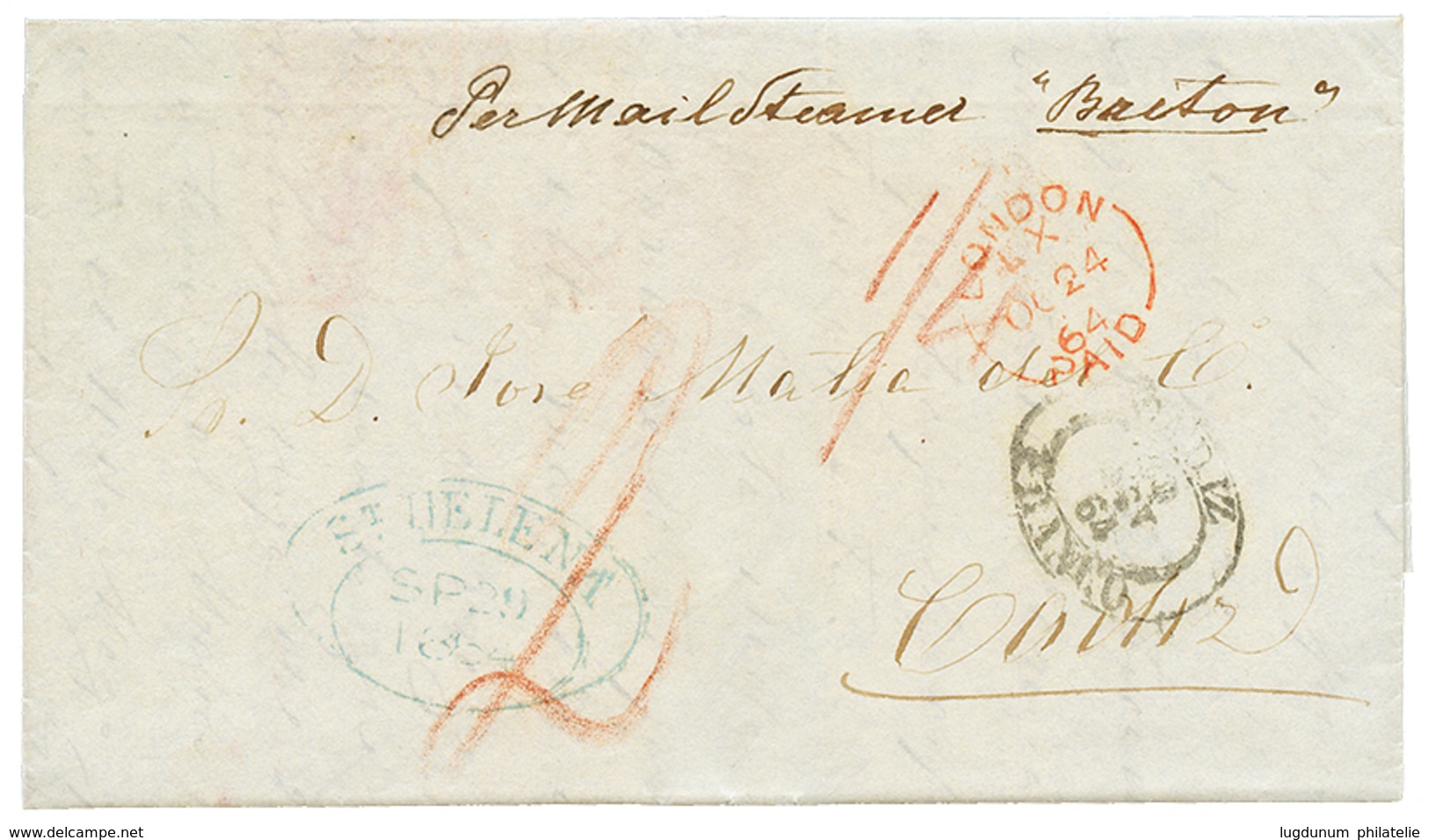 748 STE HELENA To SPAIN : 1864 Oval Datestamp ST HELENA In Blue + "1/4" Tax Marking + LONDON + CADIZ FRANCO On Entire Le - Saint Helena Island